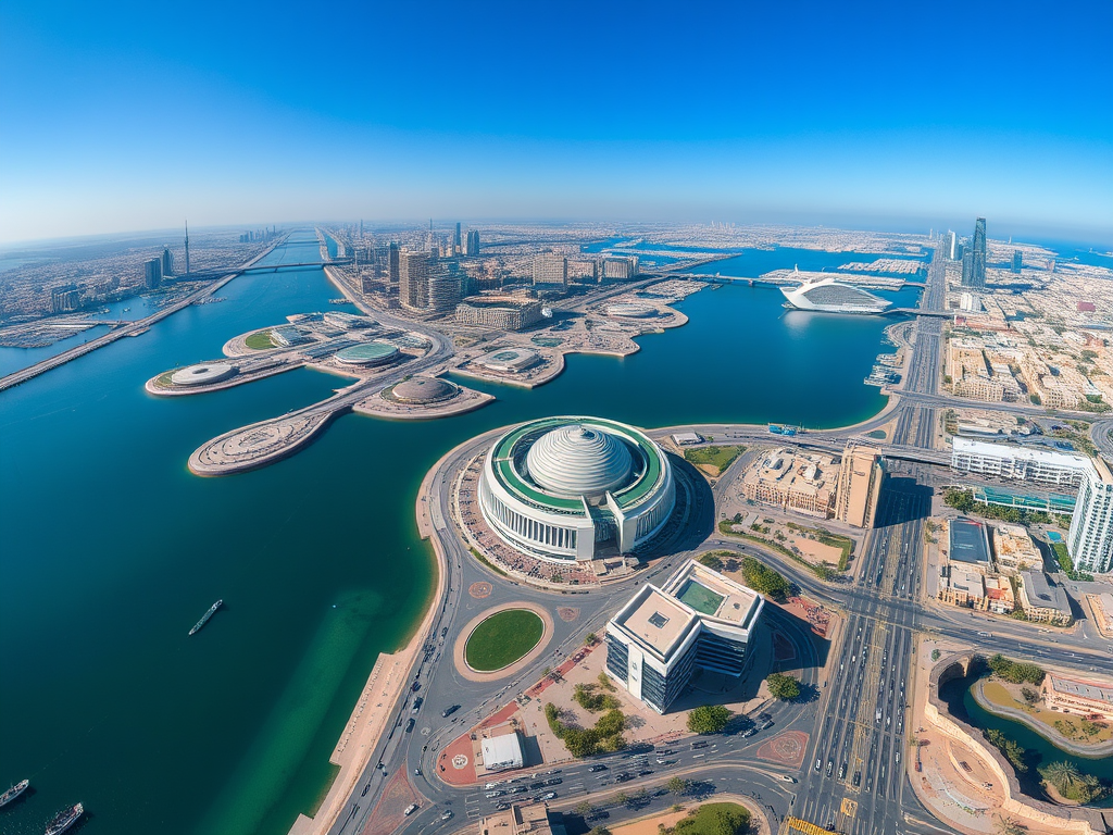 Aerial view of a city with a river, modern buildings, and a domed structure, under a clear blue sky.