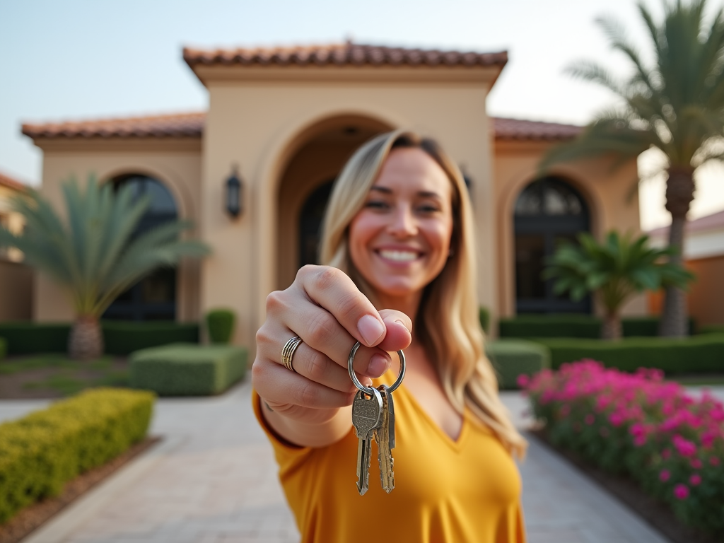 Smiling woman holding keys with a blurry house in the background.