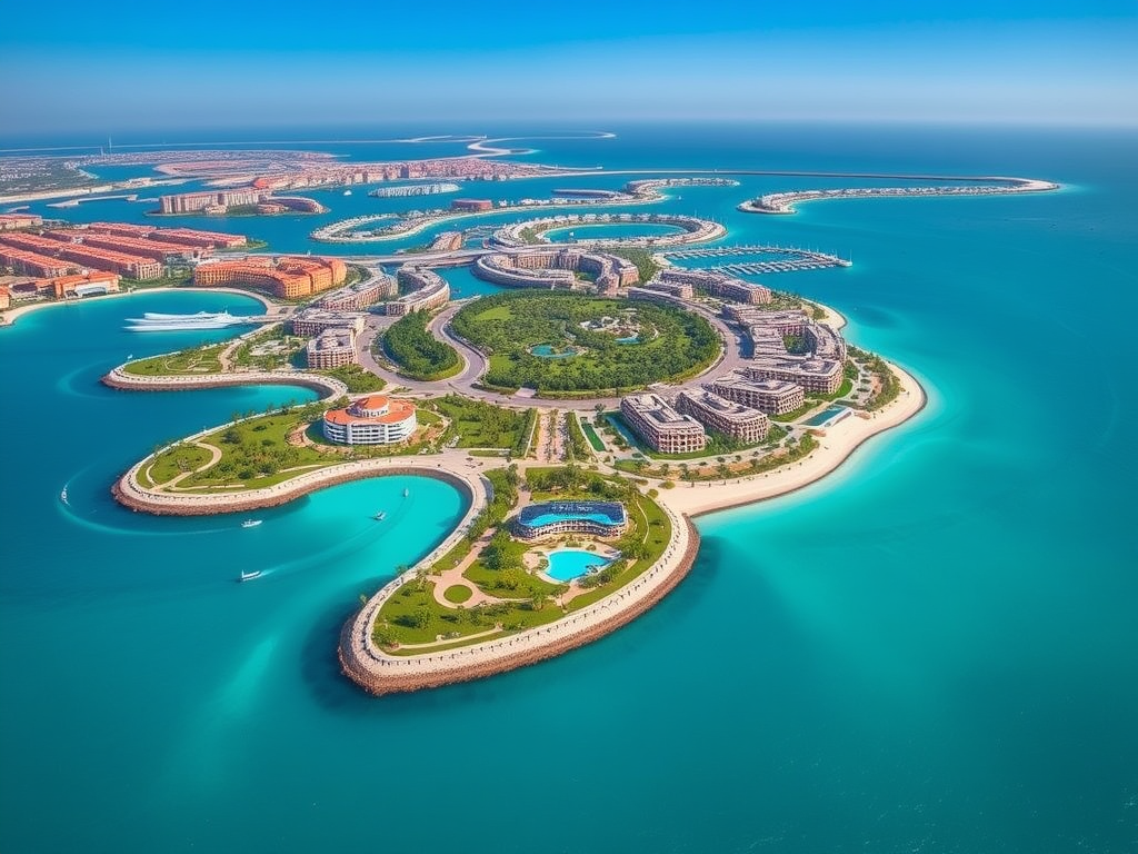 Aerial view of a luxurious coastal resort with lush greenery and blue waters, surrounded by distinct islands.