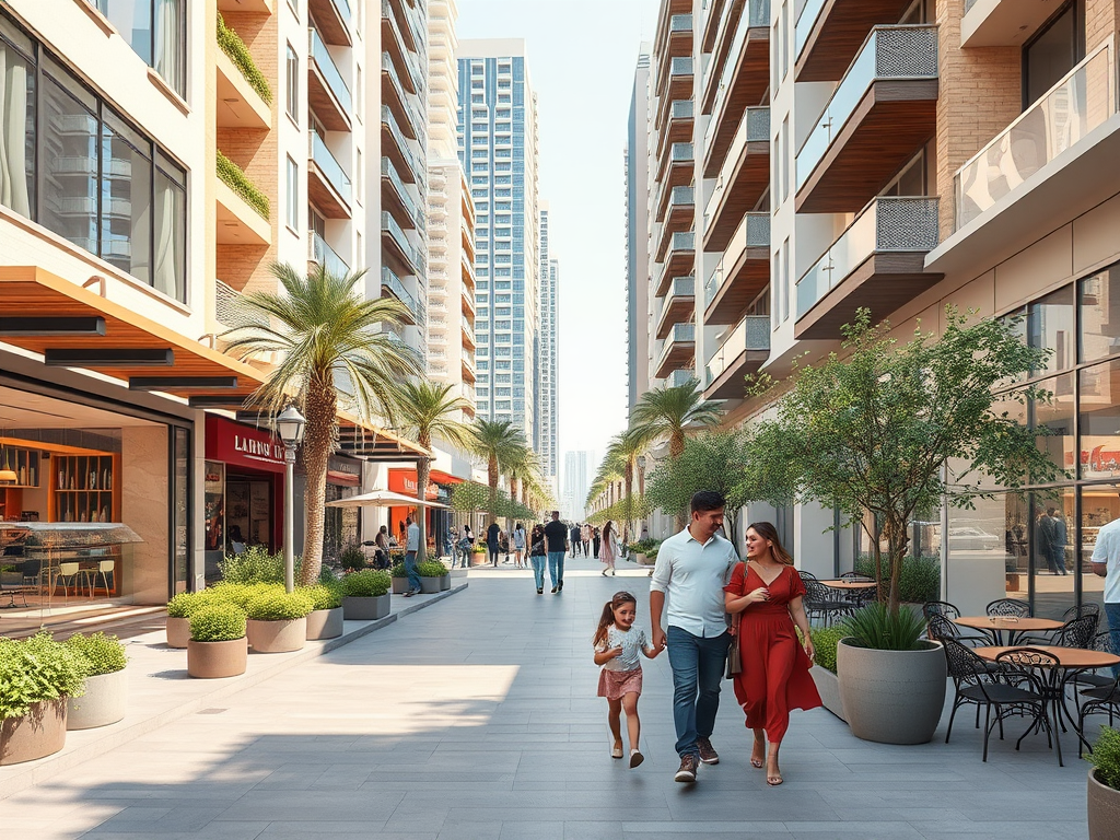 A family strolls down a sunny, palm-lined street bordered by modern buildings and shops.