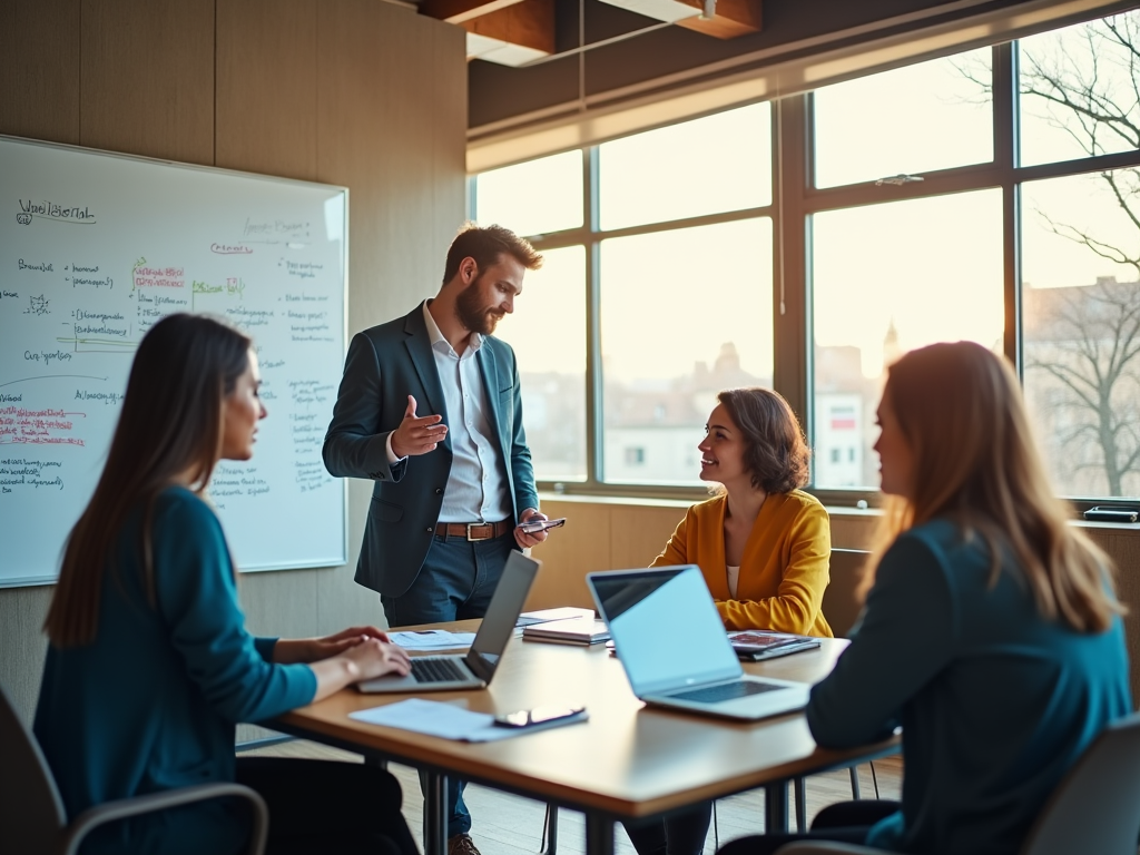 A diverse team in a meeting with one man presenting to three women in front of a whiteboard.