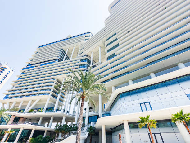 Modern architectural buildings in Dubai with palm trees, highlighting real estate potential.