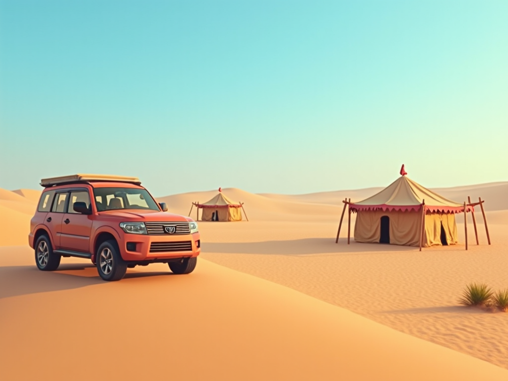 Orange SUV parked in a desert near a traditional tent under a clear sky.