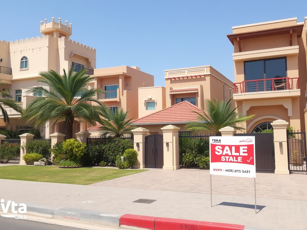 A large house with palm trees and a "SALE" sign in front, indicating the property is for sale. Clear blue sky.