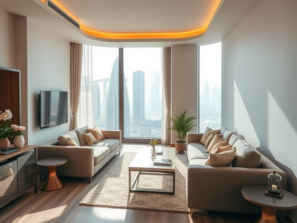 A modern living room with large windows, offering a view of skyscrapers and city skyline, decorated with stylish furniture.