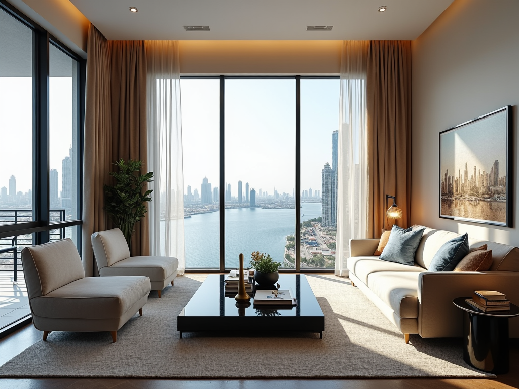 Luxurious living room with a panoramic view of the city skyline through large windows.