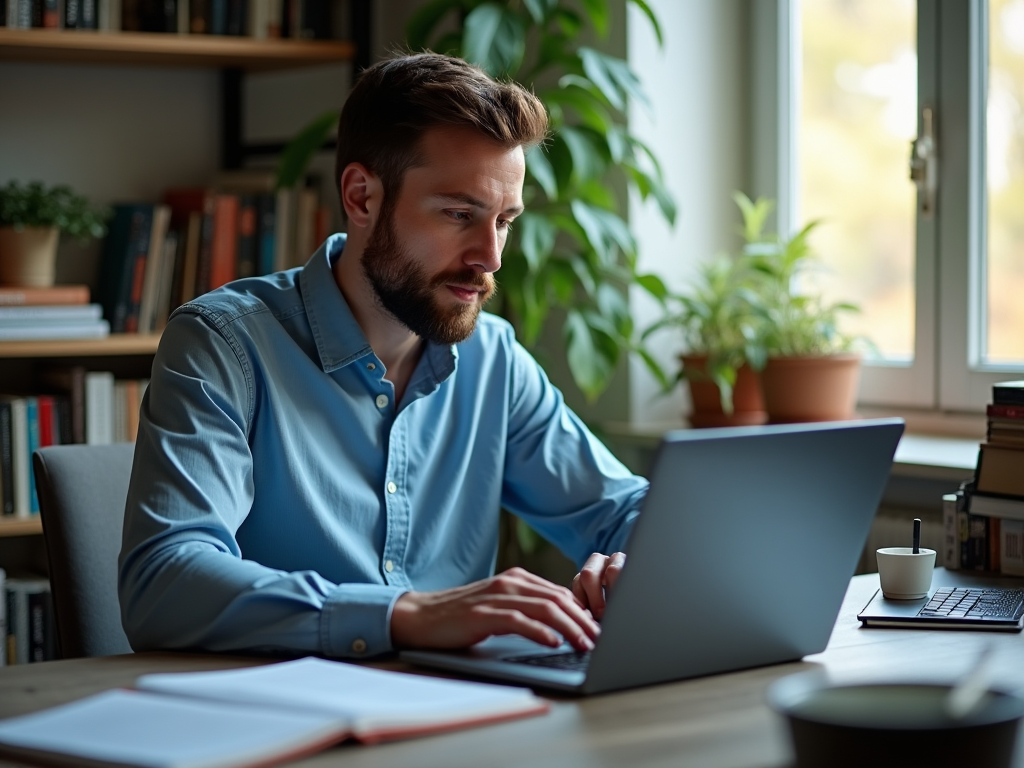 Man with beard working on laptop in a home office with plants and books.