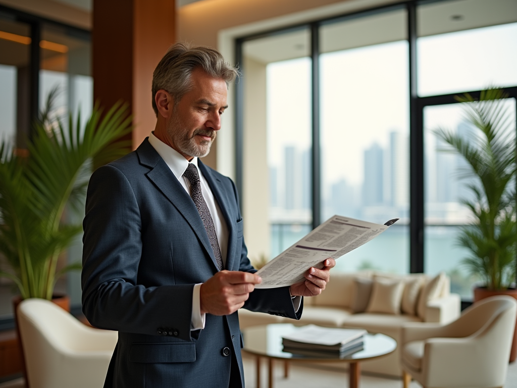 Mature businessman reading a document in a modern office with cityscape view.