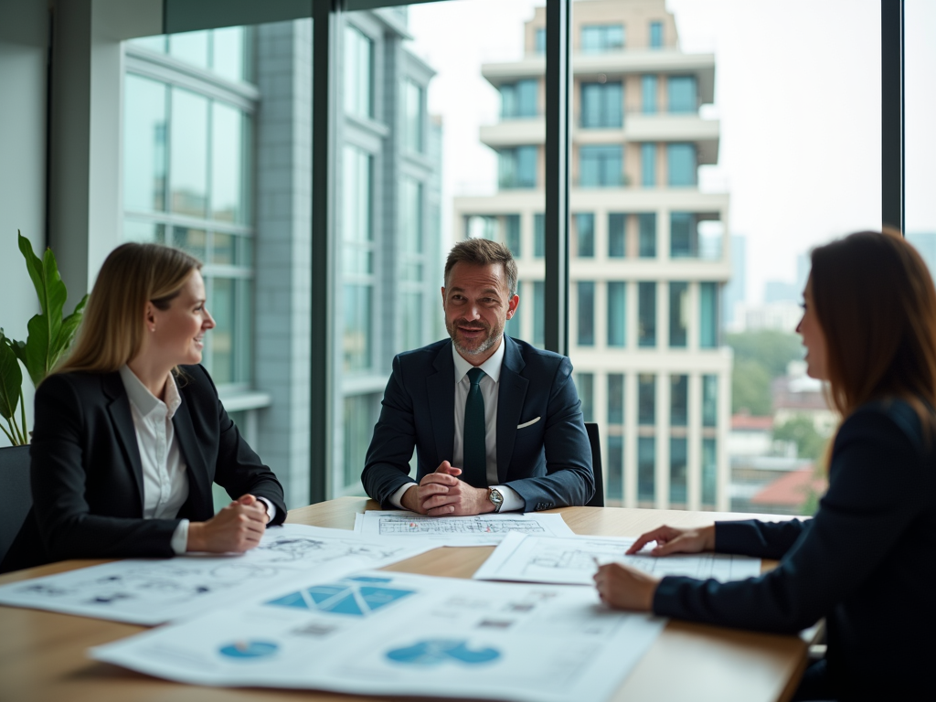 Three professionals discussing over documents in a modern, bright office setting.