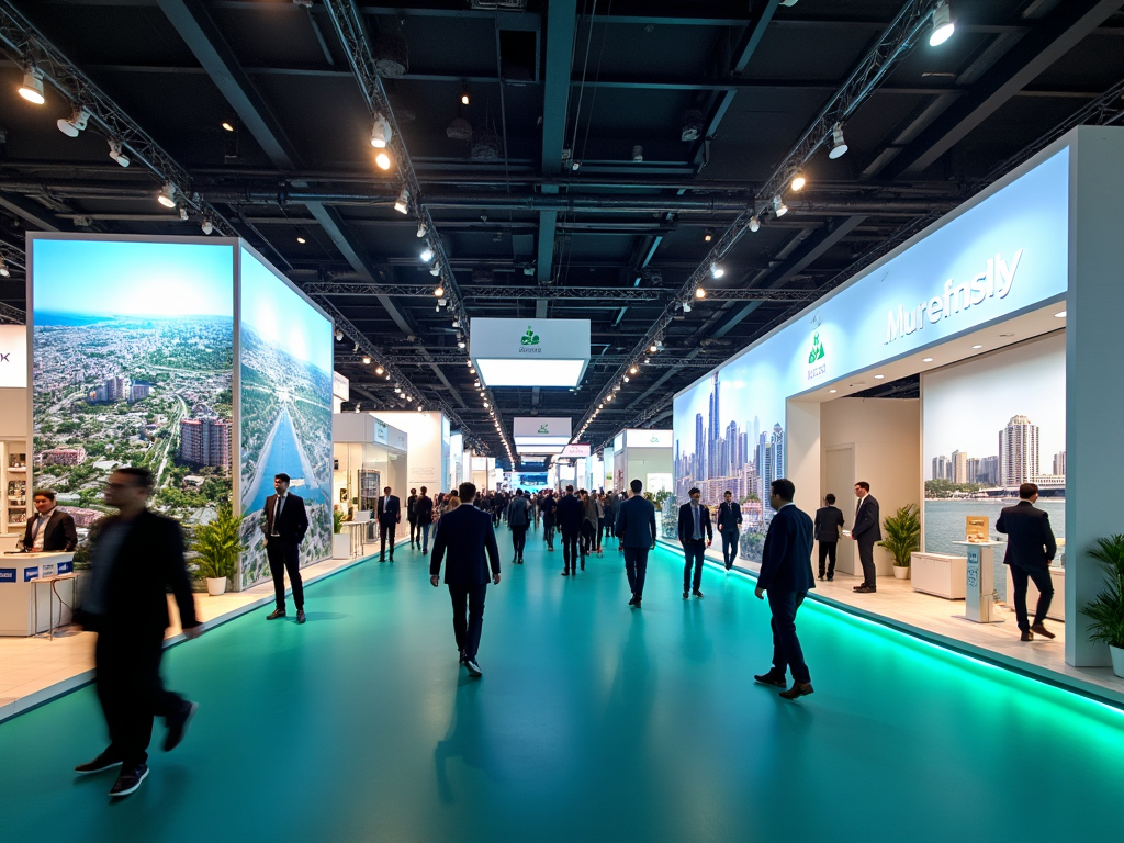 Business people walking through a modern trade show hall with large cityscape displays.