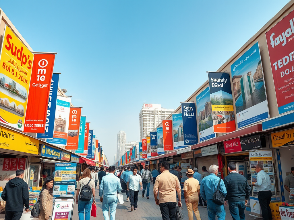 A busy outdoor market with colorful banners, people walking, and shops lining the walkway under a clear blue sky.