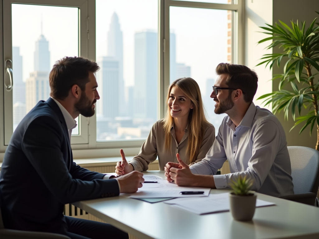 Three professionals in a meeting room with cityscape background, discussing documents.