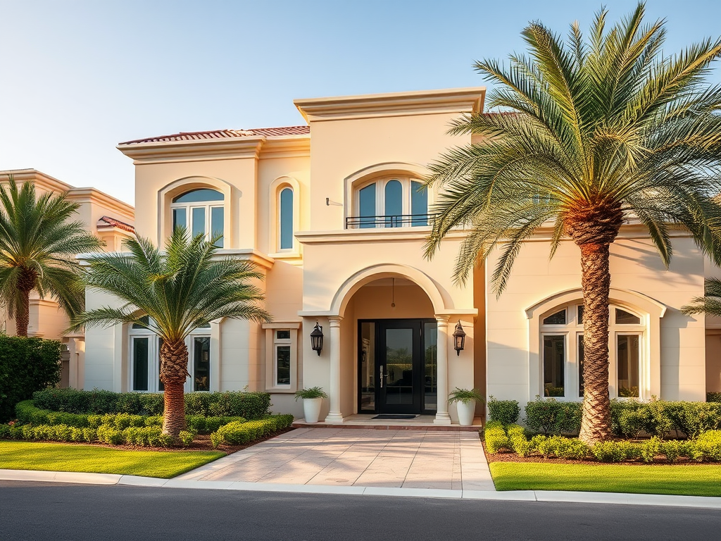 A luxurious home with a grand entrance, palm trees, and a well-manicured lawn in a sunny setting.