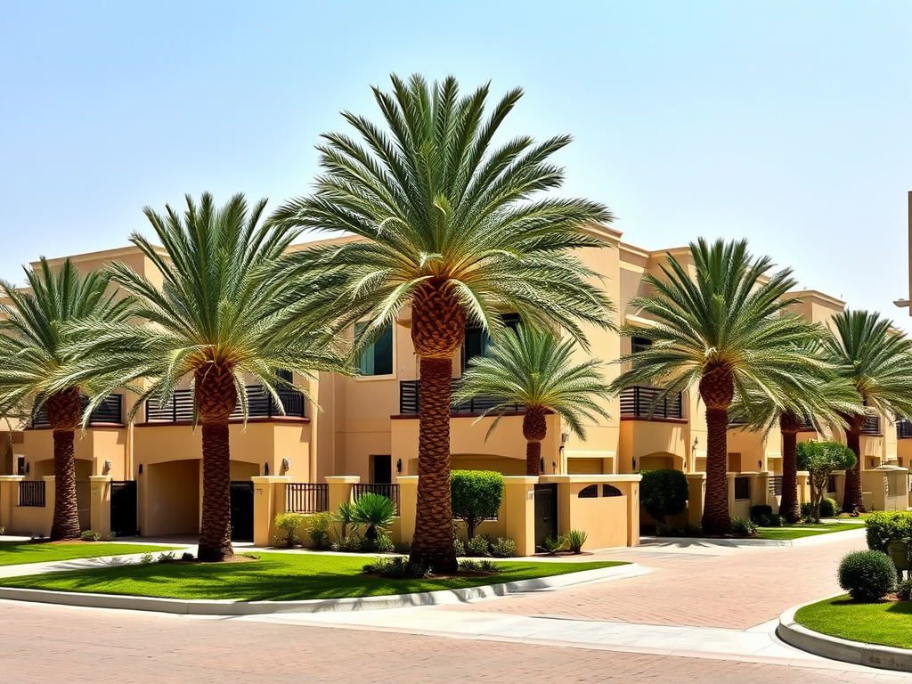 A sunny residential area with palm trees lining stylish homes and manicured lawns on a paved street.