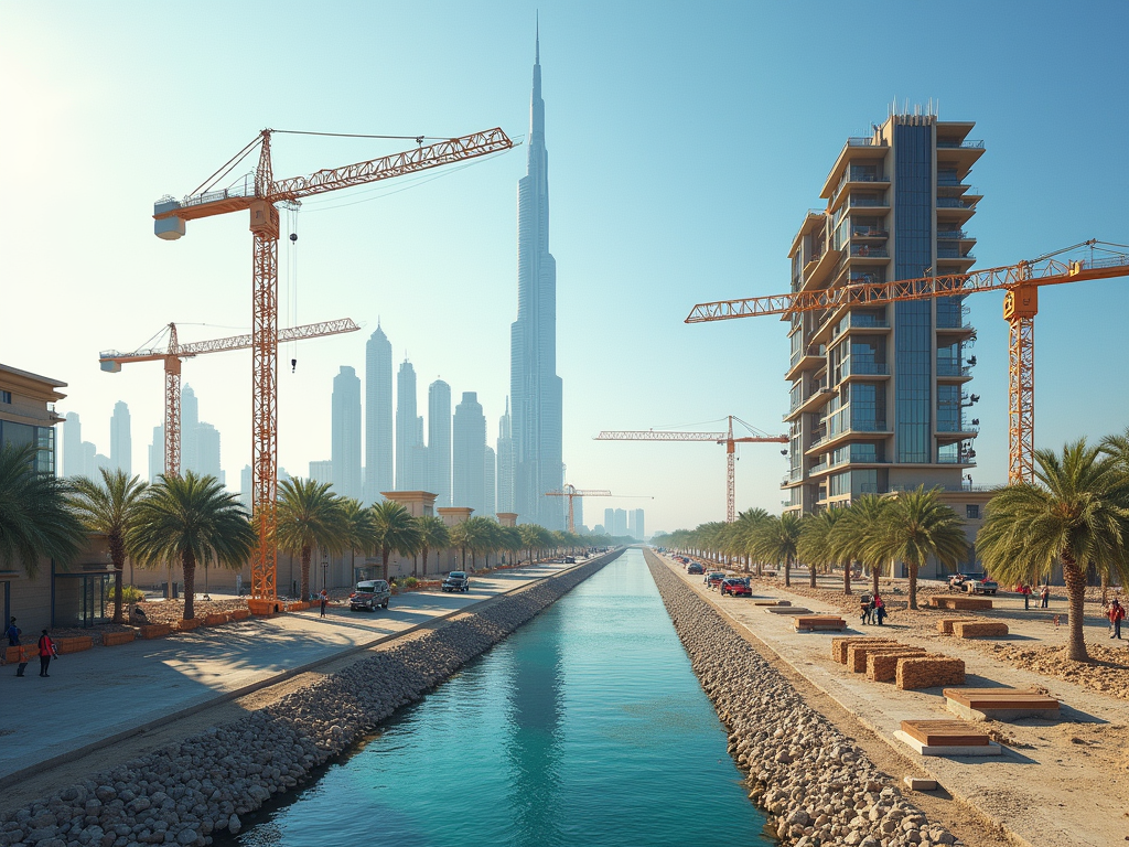 Construction site with cranes by a canal, palm trees, and distant skyscrapers under a clear sky.