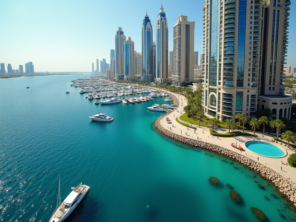 Aerial view of a vibrant marina with luxury yachts surrounded by high-rise buildings and a clear blue sea.