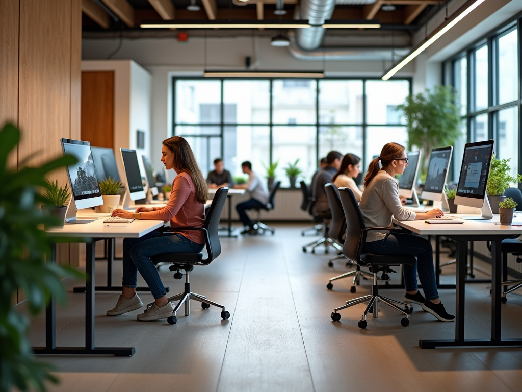 Employees working diligently at computers in a modern, well-lit office space.