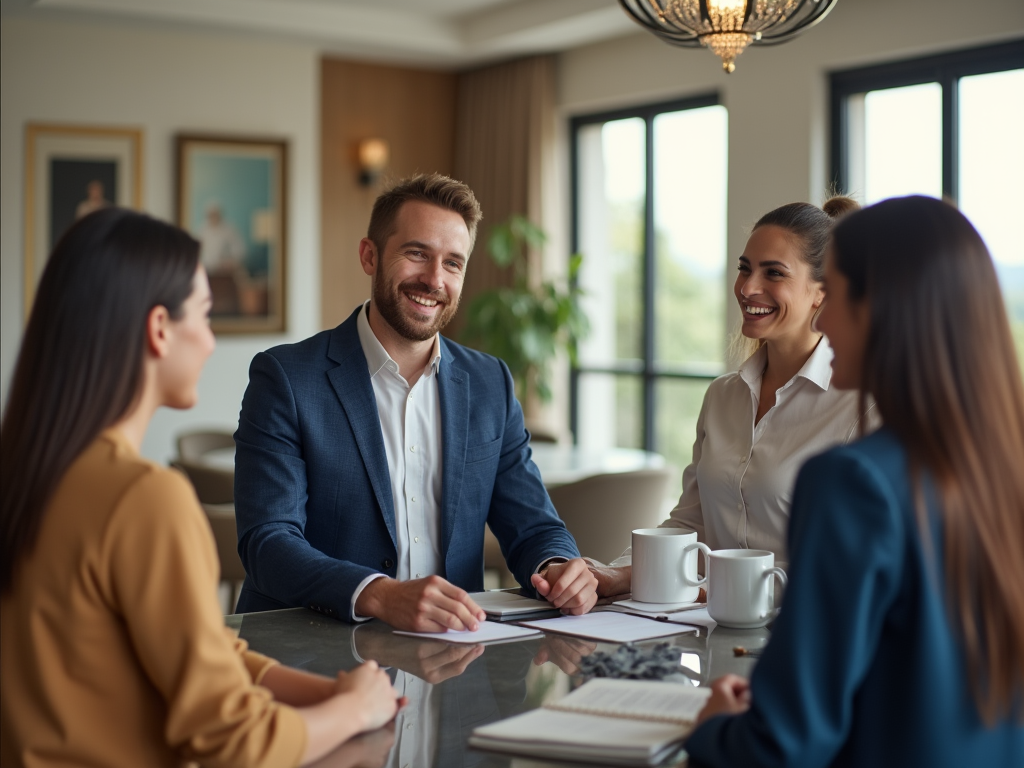 Four professionals smiling and conversing around a table in a well-lit office.