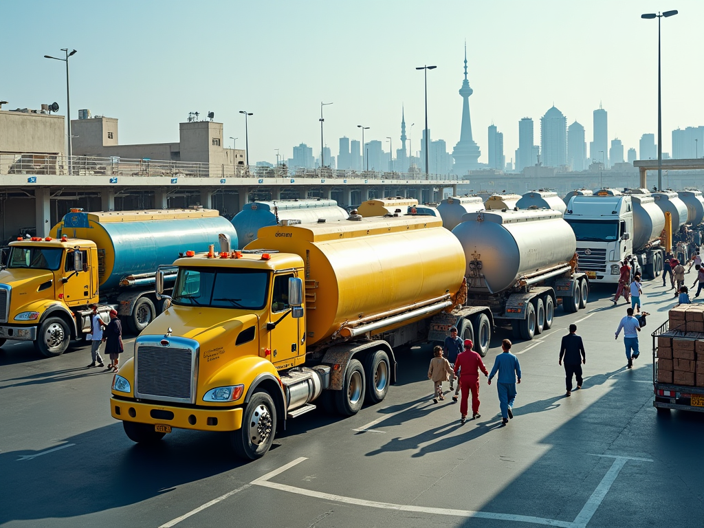 Busy freight terminal with tanks trucks and urban skyline in the background.