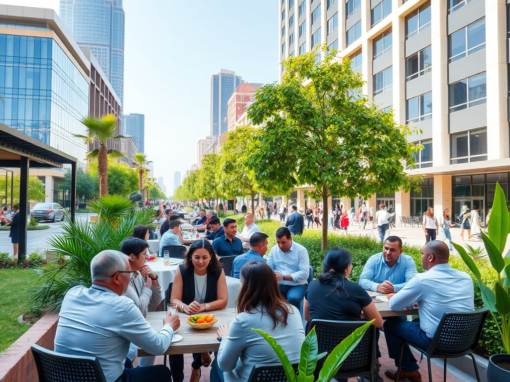 A group of people eating and socializing at outdoor tables in an urban setting, surrounded by greenery and buildings.