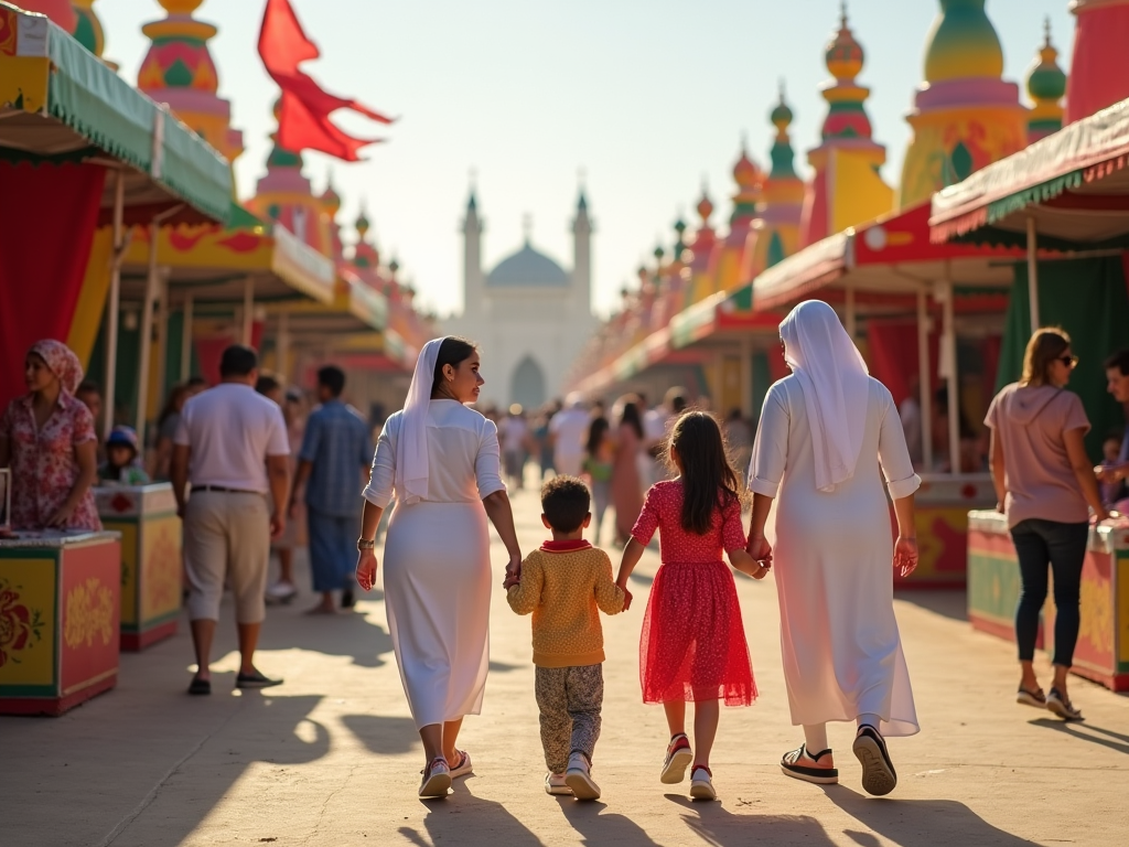 Family walking hand in hand at a colorful festival with ornate pavilions under a sunny sky.