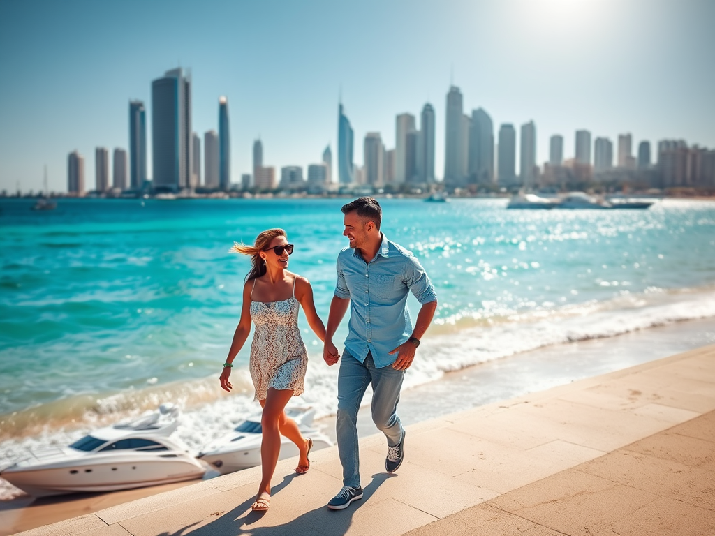 A couple walks hand-in-hand along a sunny beach, with a skyline of tall buildings and yachts in the background.