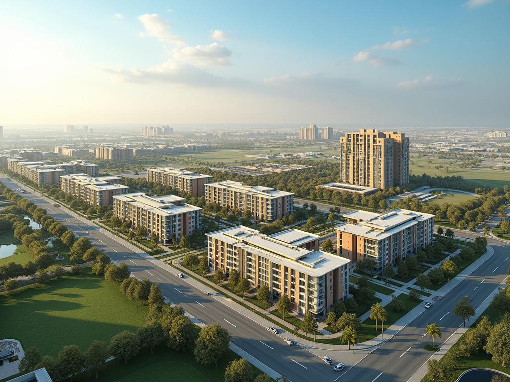 Aerial view of a modern residential area with landscaped parks and roads at sunset.