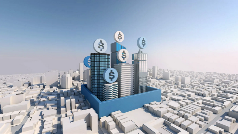 A digital illustration of modern skyscrapers with floating dollar signs above them in a cityscape.