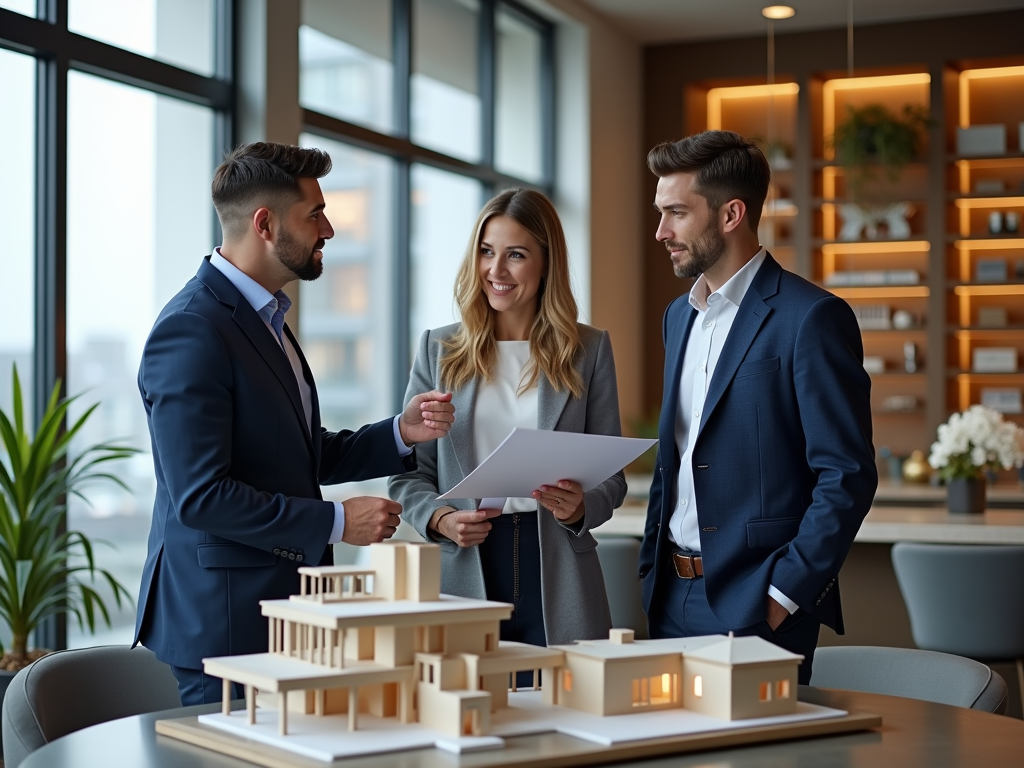 Three professionals discussing over a document beside architectural models in an office.