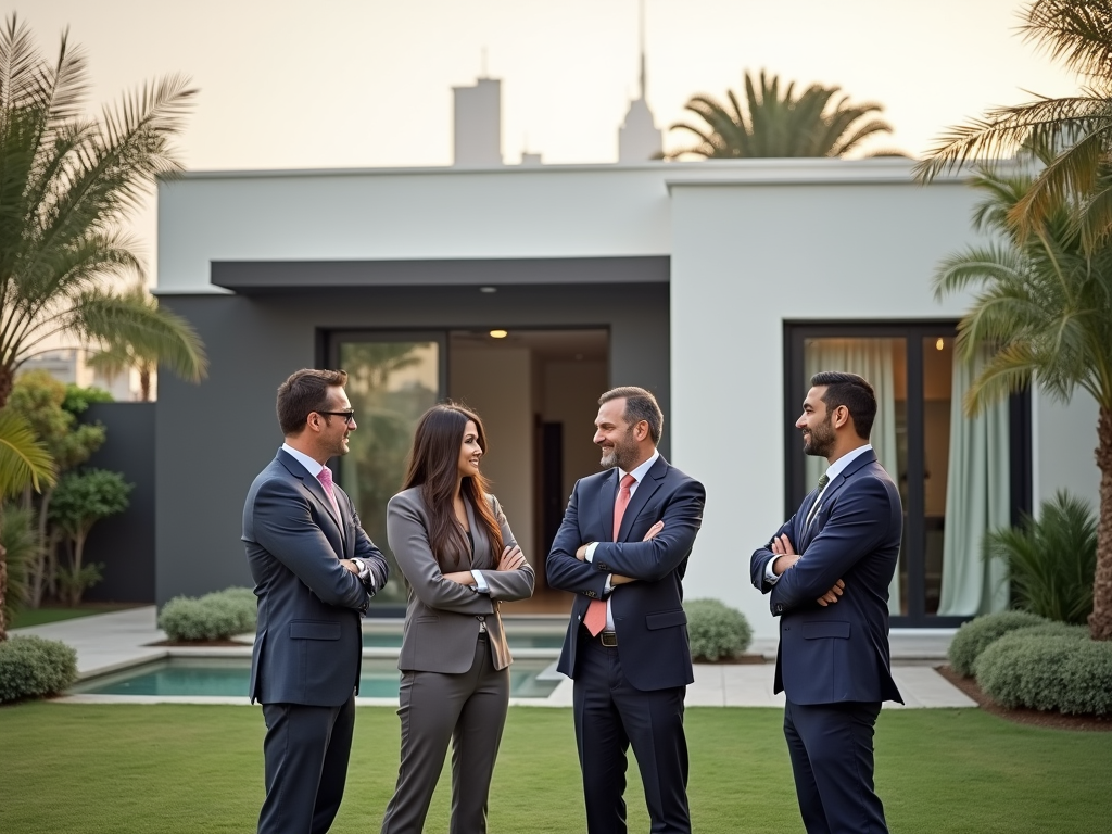 Four business professionals chatting outdoors near a modern villa.