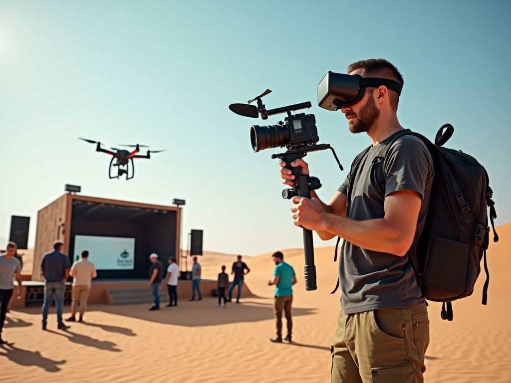 Man with camera and VR headset filming an outdoor event in the desert with a drone flying above.