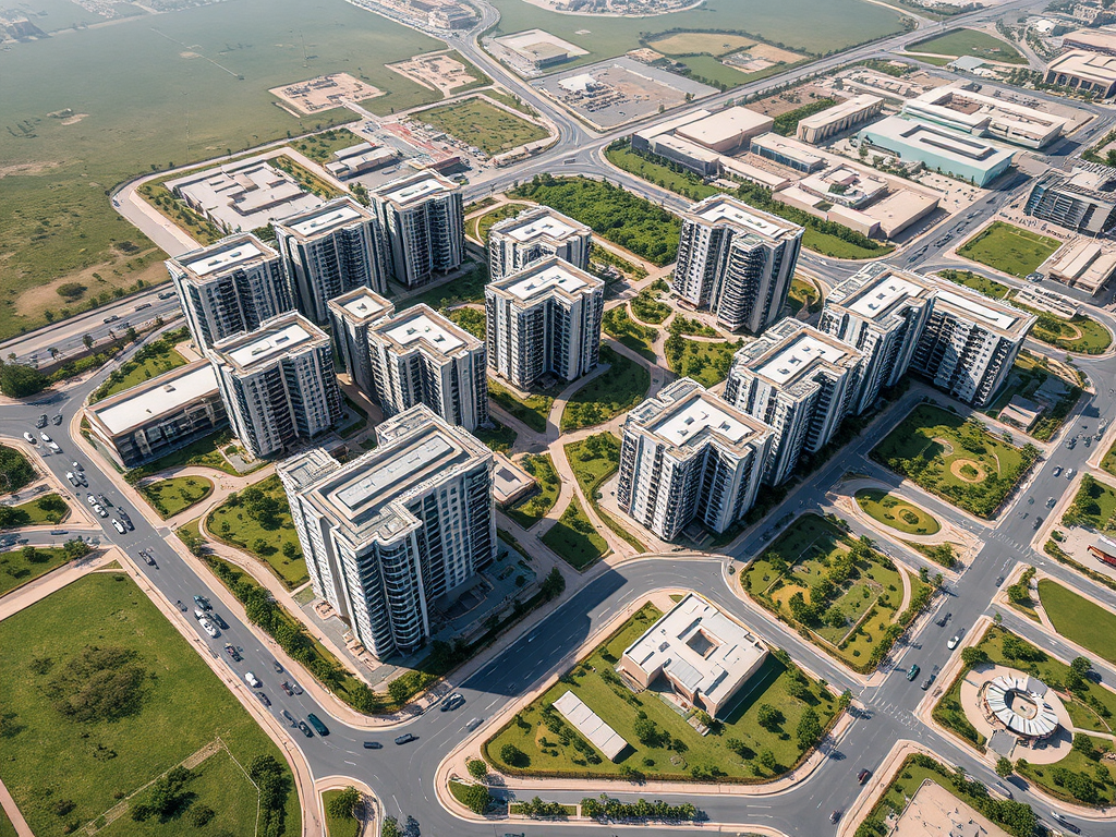 Aerial view of modern residential buildings surrounded by landscaped greenery and roads in an urban setting.