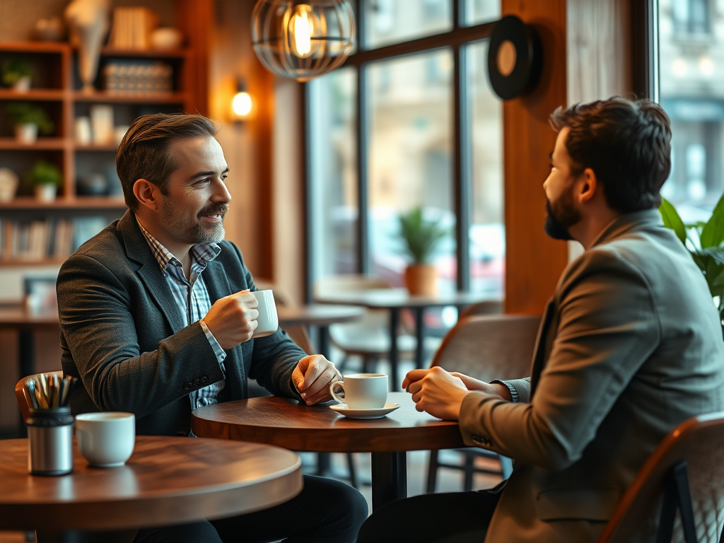 Two men engage in conversation over coffee in a cozy café, surrounded by warm wooden decor.