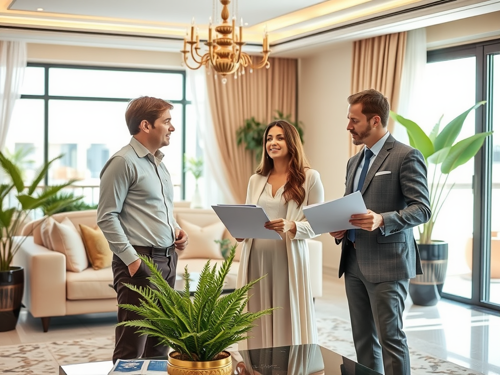 Three professionals are engaged in a discussion, holding documents inside a stylish and bright office space.