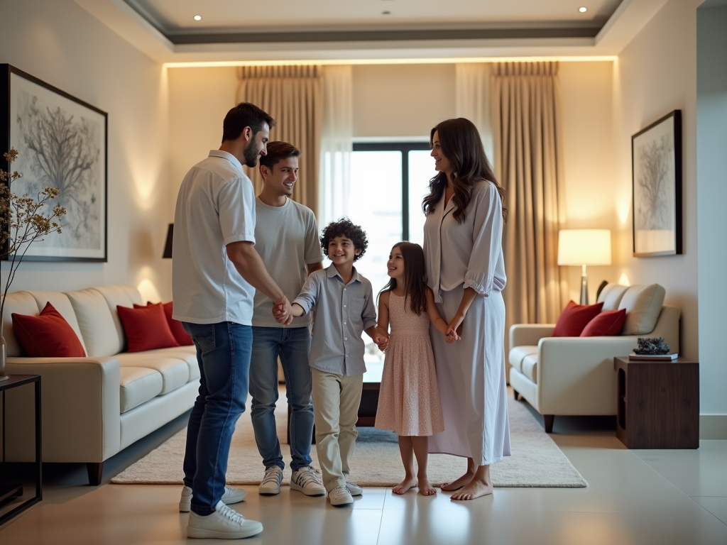 Family of five sharing a moment in a modern living room.