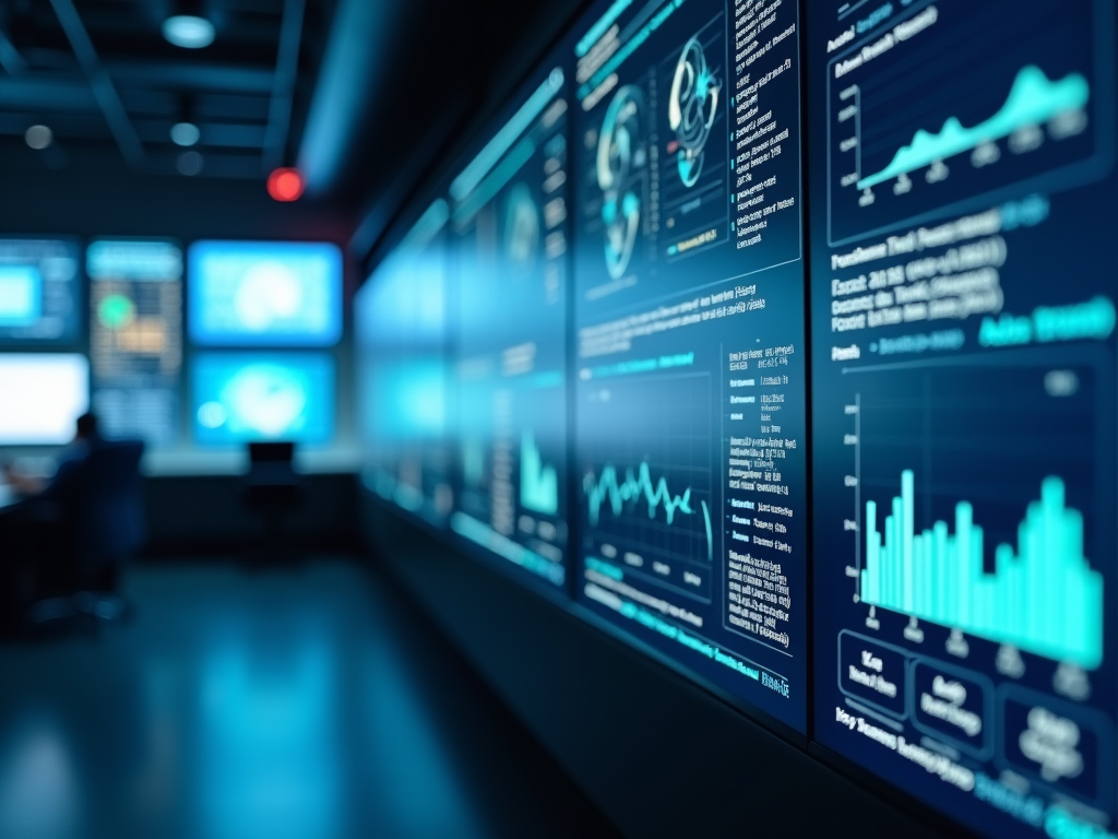 Blurred control room with multiple glowing screens displaying various data charts and graphs.