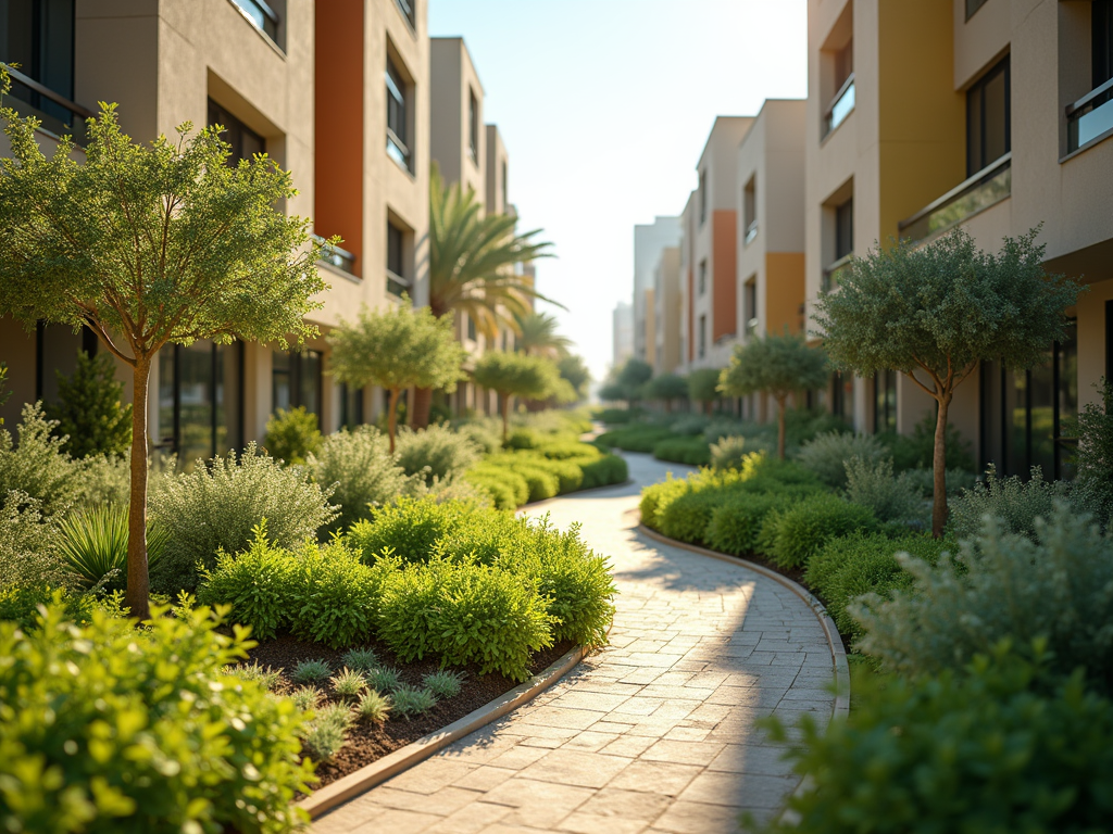 Lush residential pathway flanked by colorful modern buildings and vibrant gardens in sunlight.