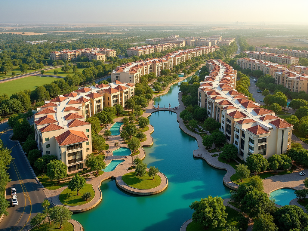 Aerial view of a luxurious residential area with curved buildings around a blue artificial river.