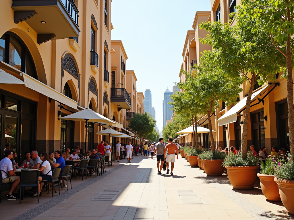 Sunny day on a lively street with people dining outside under umbrellas, lined by elegant buildings and trees.