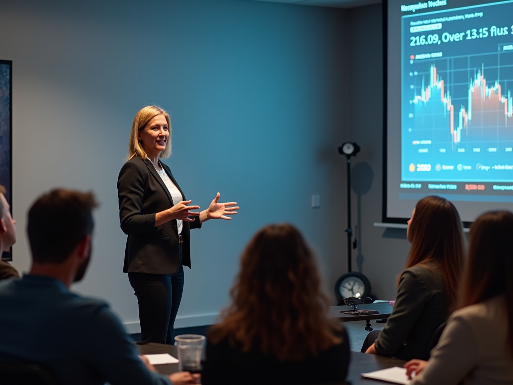 Businesswoman presenting financial data to a group in a conference room.