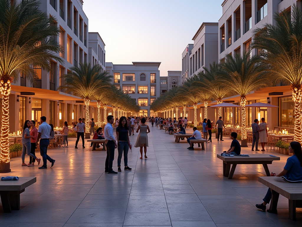 People strolling and socializing in a palm-lined promenade illuminated by fairy lights at dusk.