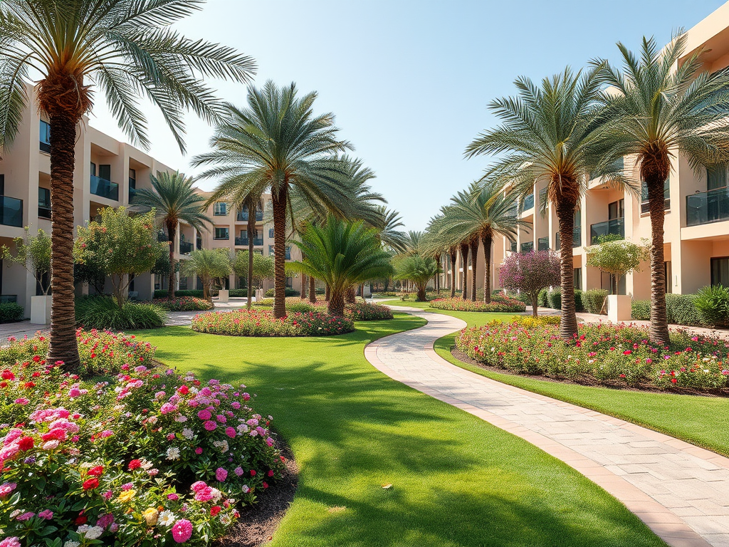 Lush landscape with palm trees and vibrant flowers along a winding pathway near modern buildings under a clear sky.