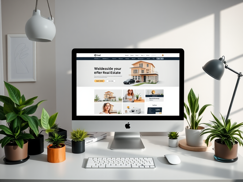 A modern desk with a computer displaying a real estate website, surrounded by various potted plants and a lamp.