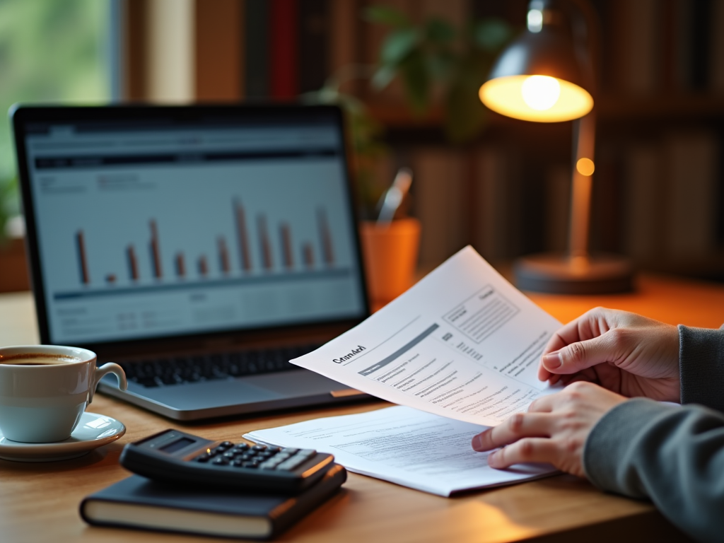 Person reviewing a document at a desk with a laptop displaying charts, calculator, and coffee nearby.