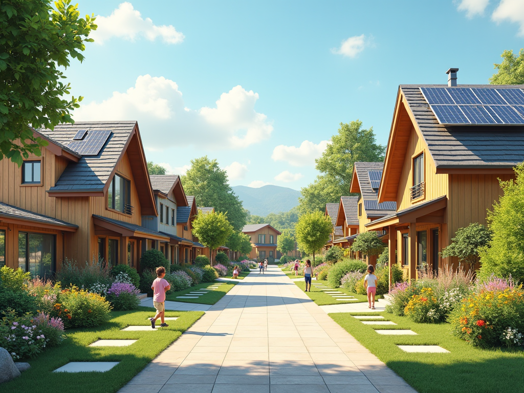 Row of modern wooden houses with solar panels, residents walking and children playing on sunny day.