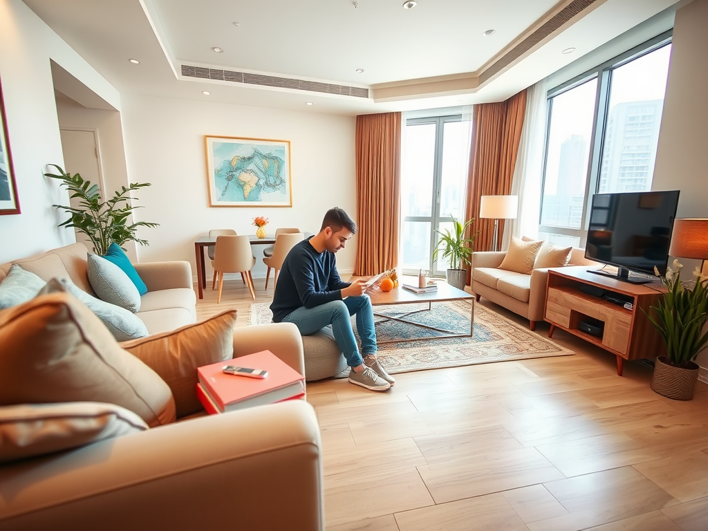 A young man sits on the floor in a modern living room, focused on his phone, surrounded by stylish furniture.