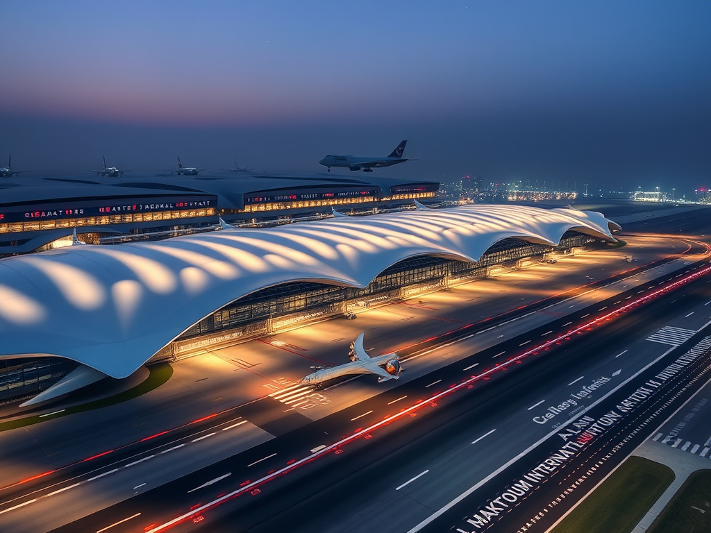 Aerial view of an airport at dusk with illuminated modern architecture and a departing airplane on the runway.