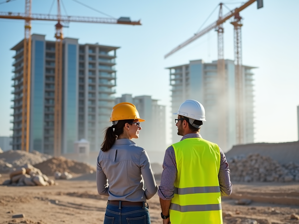 Two construction workers in helmets discussing at a building site with cranes.