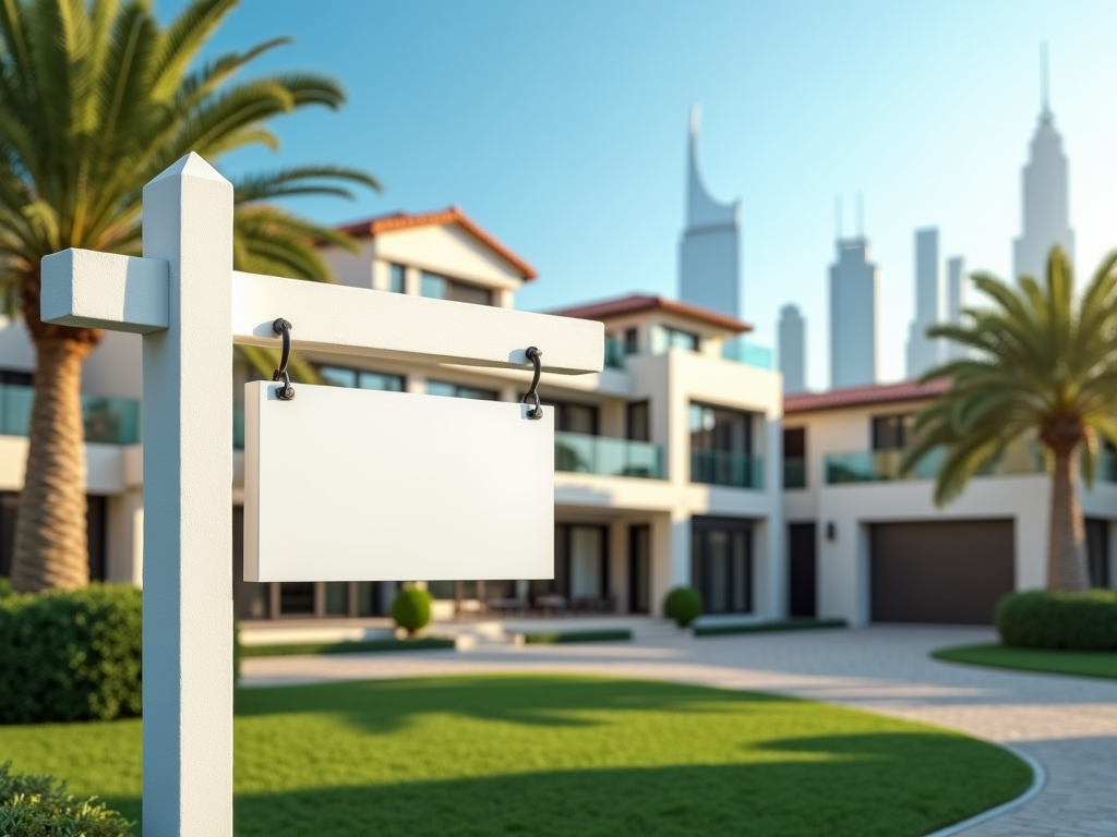 Blank real estate sign in front of a luxurious house with tall buildings in the background.