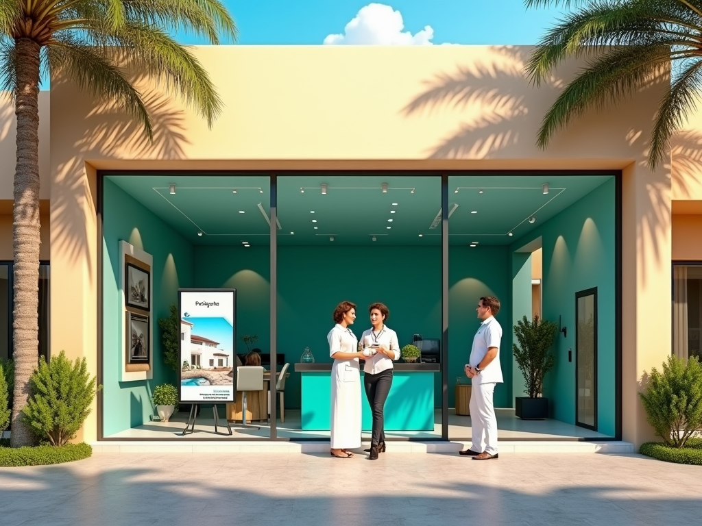 Three medical professionals standing and discussing outside a bright, modern clinic with palm trees.